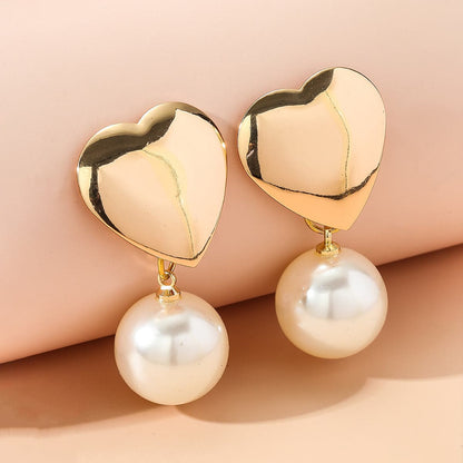 Pearl and 18K Gold-Plated Heart Drop Earrings, gold drop earrings for women, botanical inspired, front view