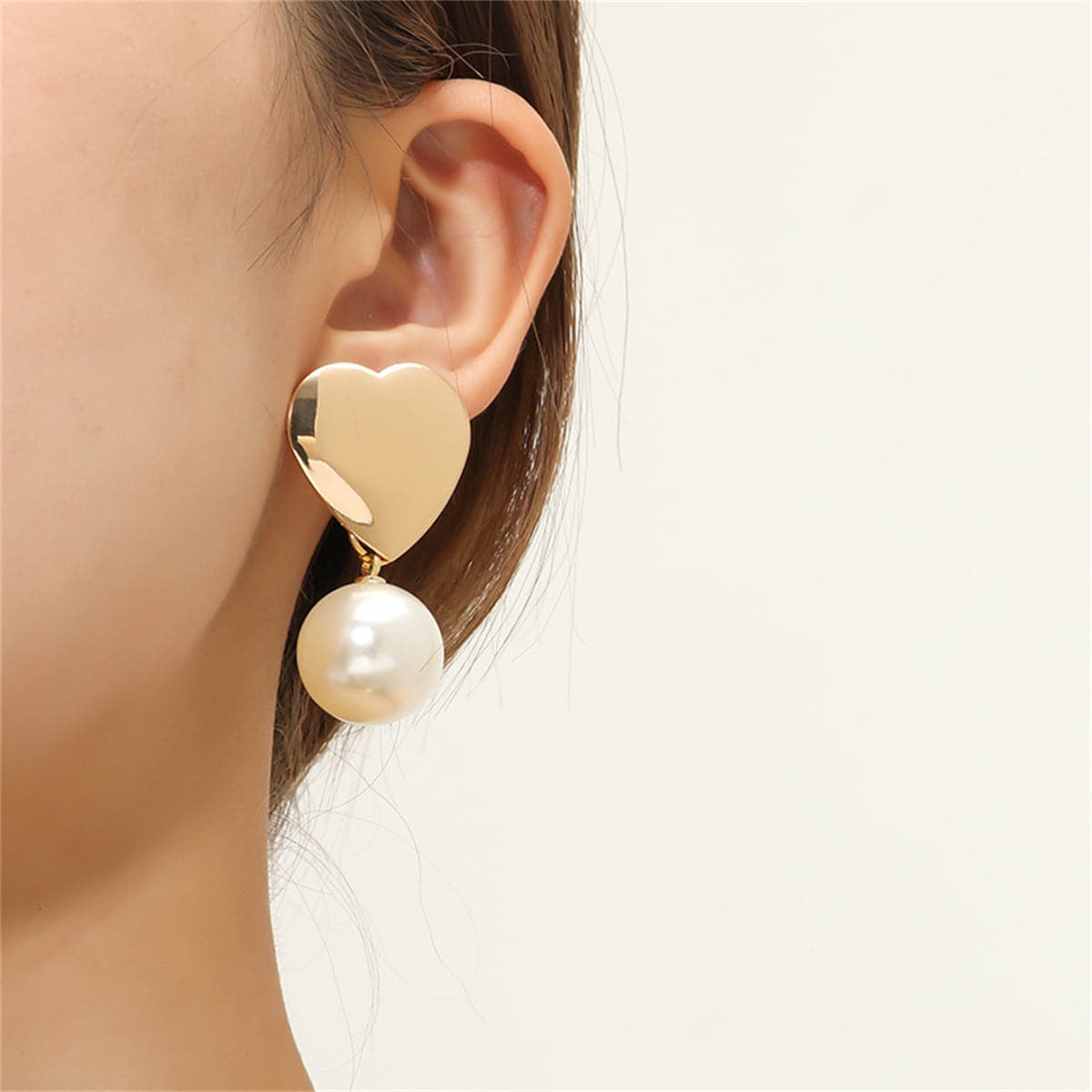 Pearl and 18K Gold-Plated Heart Drop Earrings, gold drop earrings for women, botanical inspired, side view