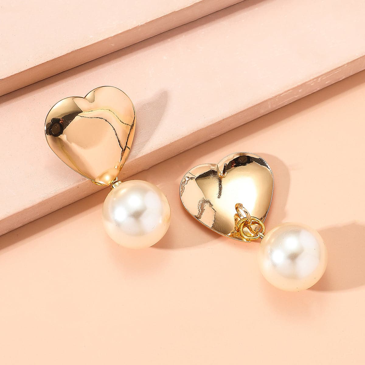 Pearl and 18K Gold-Plated Heart Drop Earrings, gold drop earrings for women, botanical inspired, detail close-up
