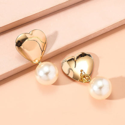 Pearl and 18K Gold-Plated Heart Drop Earrings, gold drop earrings for women, botanical inspired, detail close-up