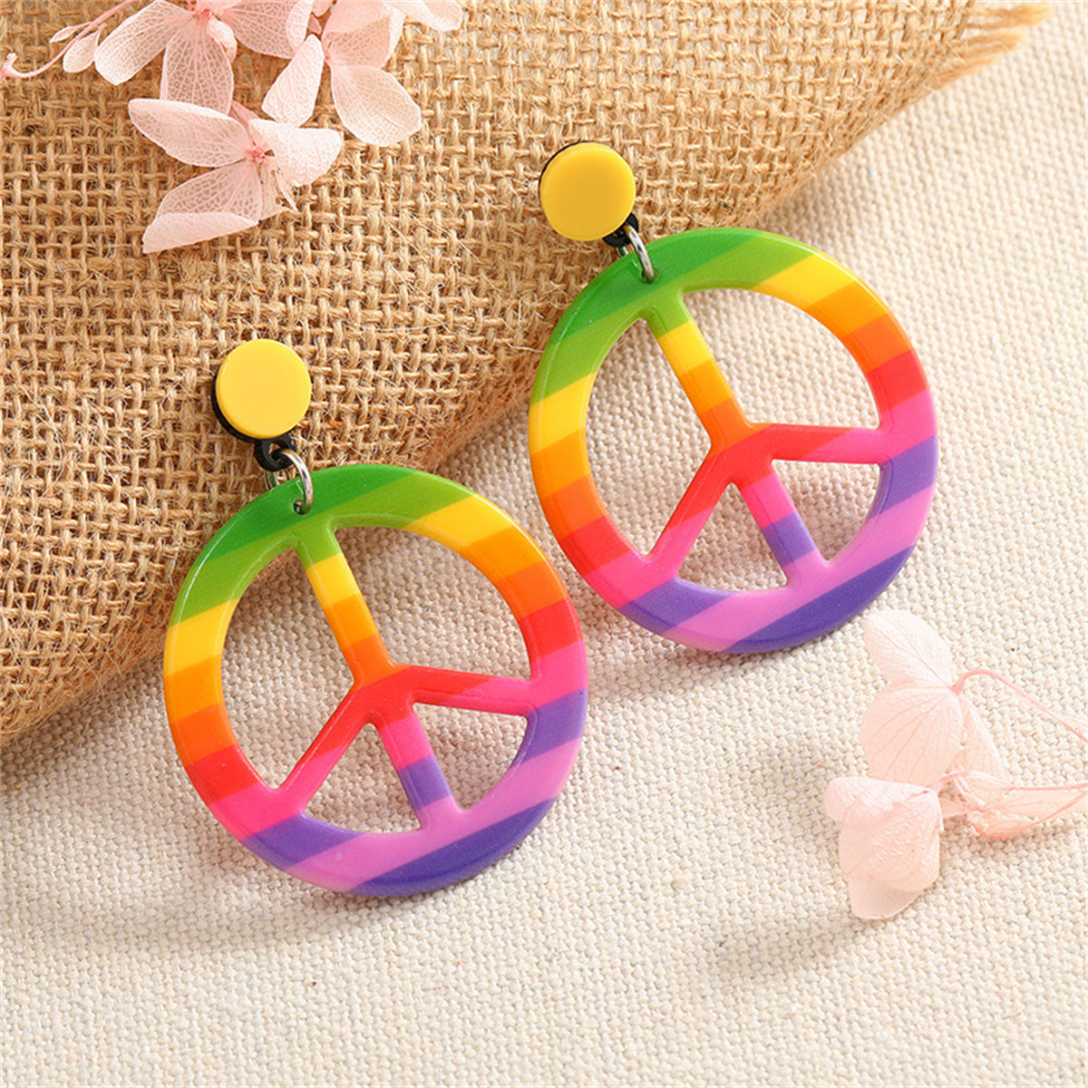 Purple and Green Multicolor Peace Sign Drop Earrings, drop earrings for women, dainty minimalist design, front view