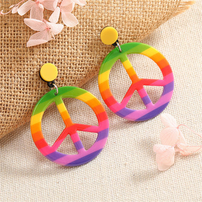 Purple and Green Multicolor Peace Sign Drop Earrings, drop earrings for women, dainty minimalist design, front view