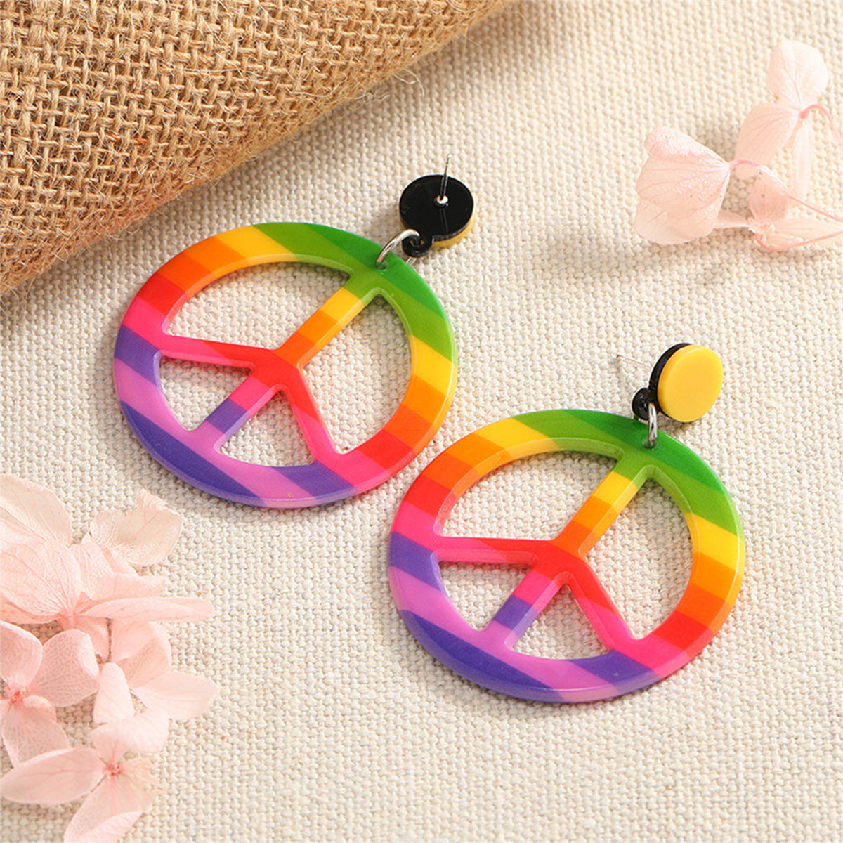 Purple and Green Multicolor Peace Sign Drop Earrings, drop earrings for women, dainty minimalist design, detail close-up