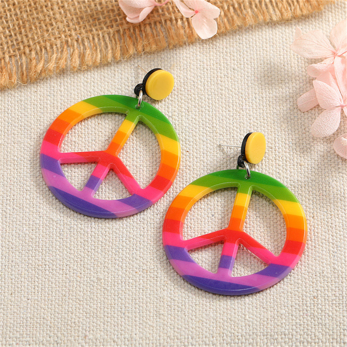 Purple and Green Multicolor Peace Sign Drop Earrings, drop earrings for women, dainty minimalist design, lifestyle look