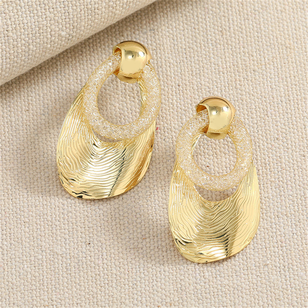 Cubic Zirconia and 18K Gold-Plated Web Oval Drop Earrings, gold drop earrings for women, detail close-up