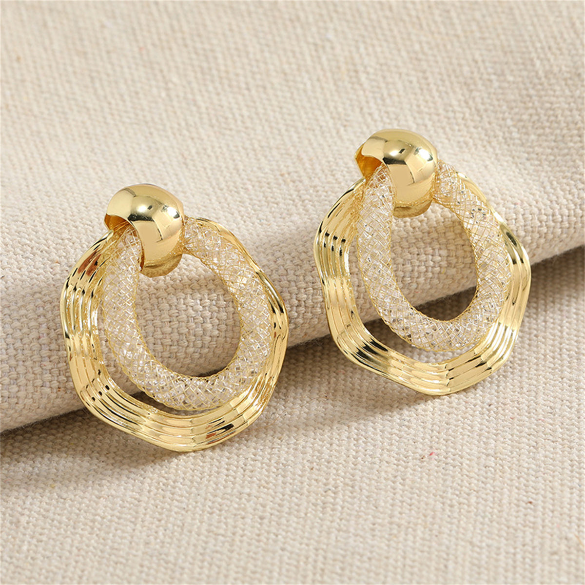 Cubic Zirconia and 18K Gold-Plated Web Round Drop Earrings, gold drop earrings for women, everyday style, front view