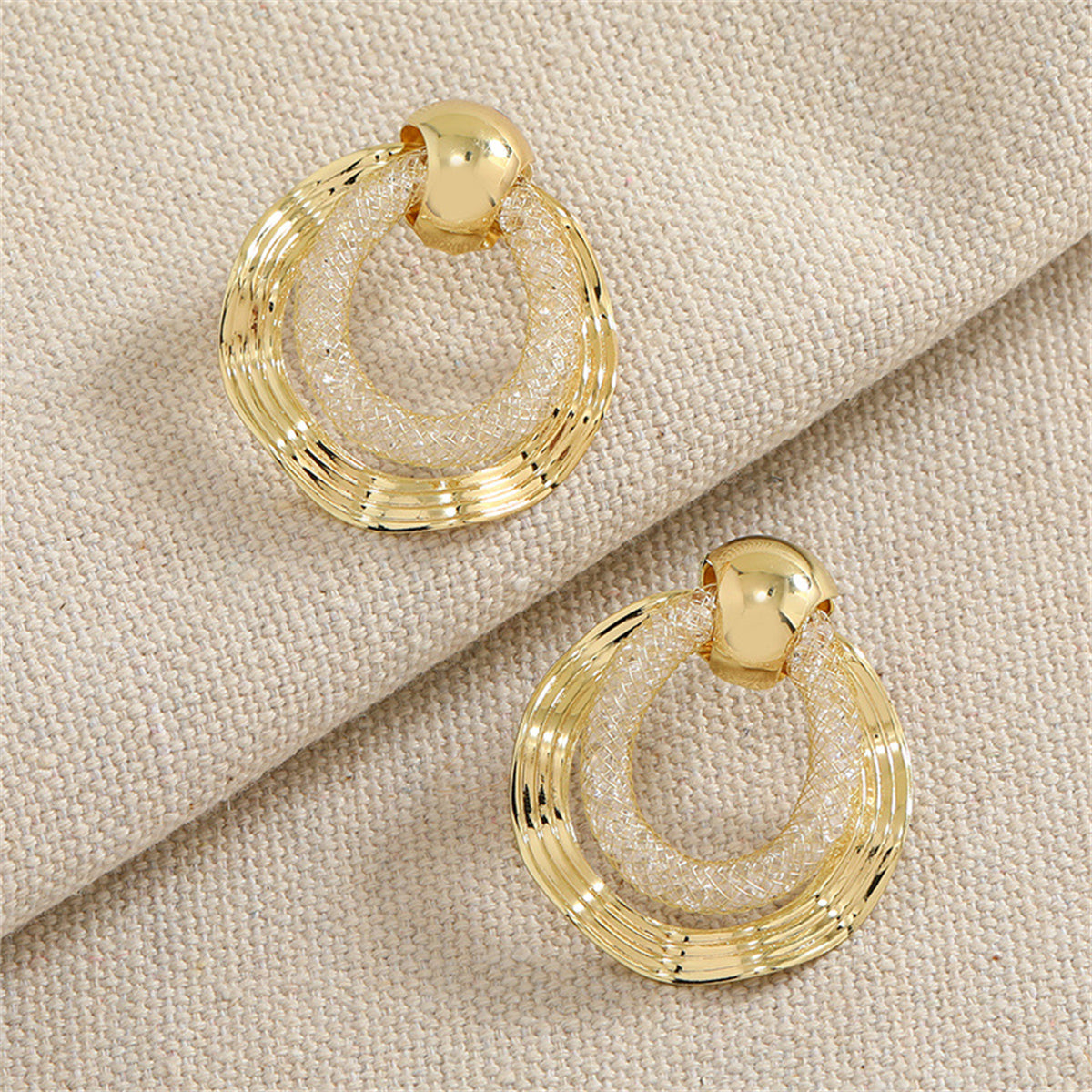 Cubic Zirconia and 18K Gold-Plated Web Round Drop Earrings, gold drop earrings for women, everyday style, detail close-up