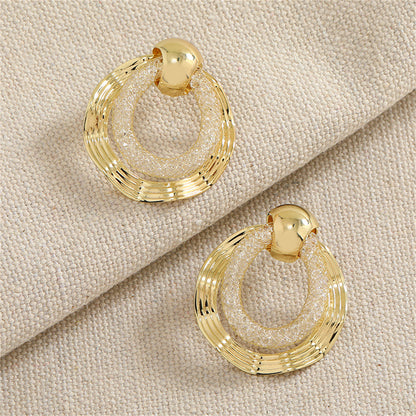Cubic Zirconia and 18K Gold-Plated Web Round Drop Earrings, gold drop earrings for women, everyday style, detail close-up