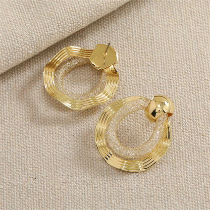 Cubic Zirconia and 18K Gold-Plated Web Round Drop Earrings, gold drop earrings for women, everyday style, lifestyle look