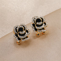 Cubic Zirconia & Black Enamel 18k Gold-Plated Peony Huggie Earrings