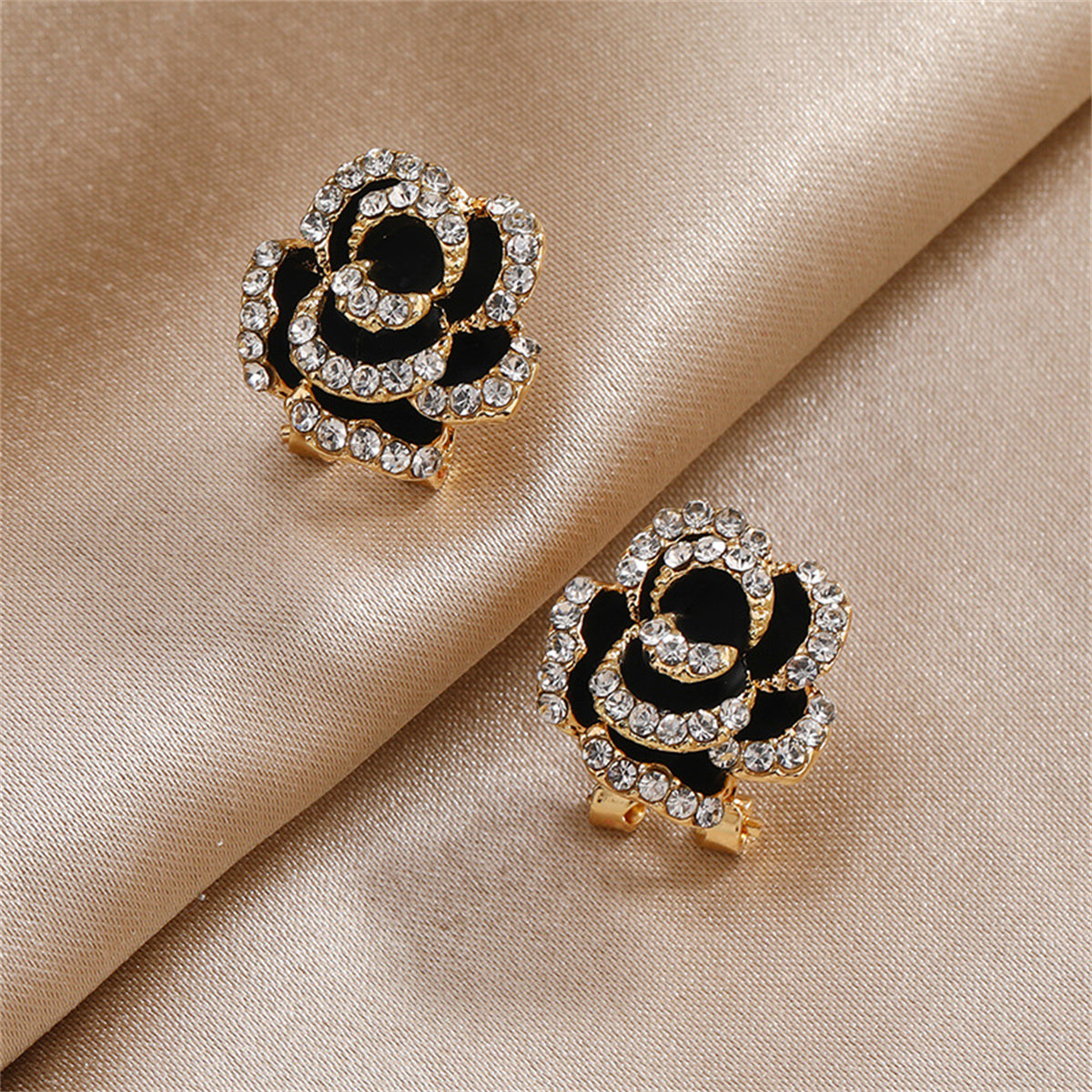 Cubic Zirconia & Black Enamel 18K Gold-Plated Peony Huggie Earrings