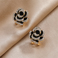 Cubic Zirconia & Black Enamel 18k Gold-Plated Peony Huggie Earrings
