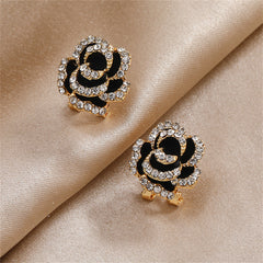Cubic Zirconia & Black Enamel 18K Gold-Plated Peony Huggie Earrings