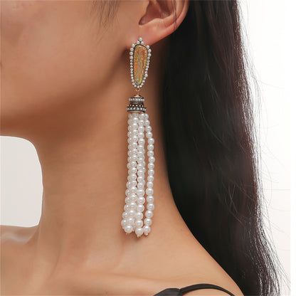 Pearl and Resin 18K Gold-Plated Tassel Drop Earrings, gold drop earrings for women, elegant gift for her, front view