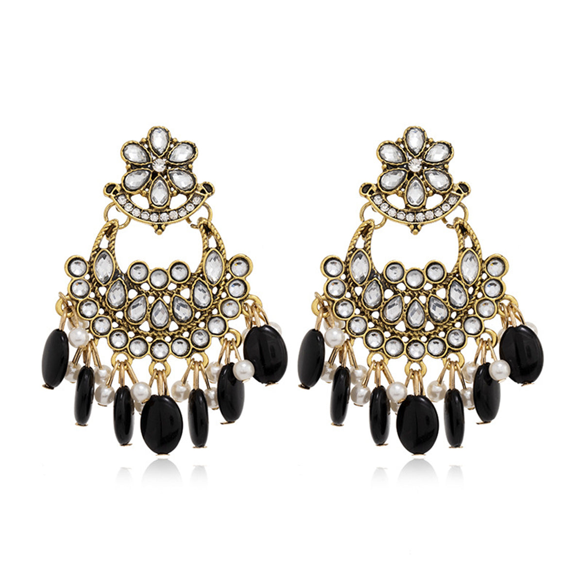 Black Resin and Crystal Cubic Zirconia 18K Gold-Plated Floral Tassel Drop Earrings, gold drop earrings for women, side view