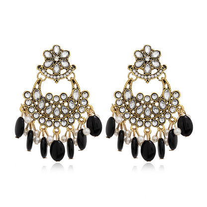 Black Resin and Crystal Cubic Zirconia 18K Gold-Plated Floral Tassel Drop Earrings, gold drop earrings for women, side view