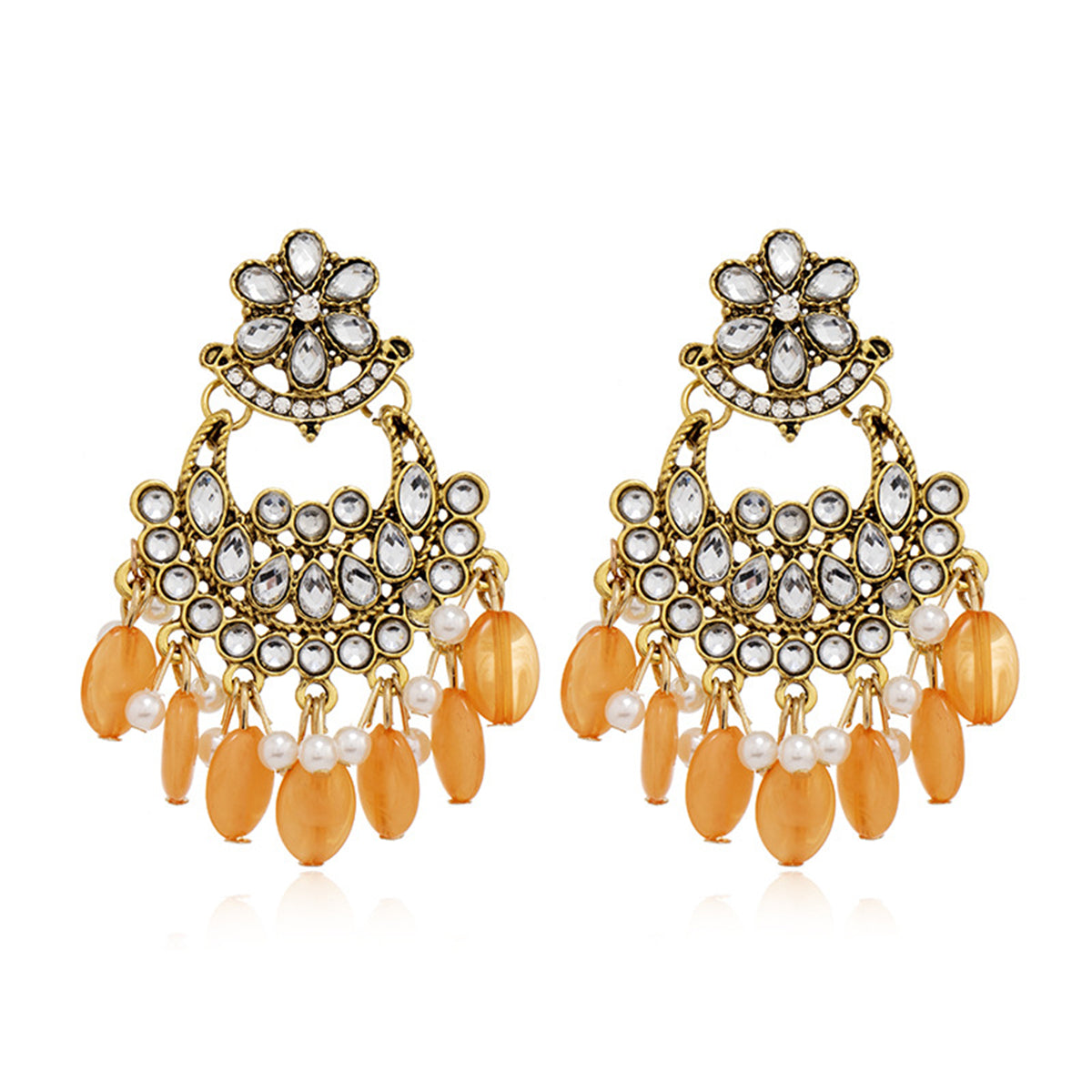 Orange Resin and Crystal Cubic Zirconia 18K Gold-Plated Floral Tassel Drop Earrings, gold drop earrings for women, side view