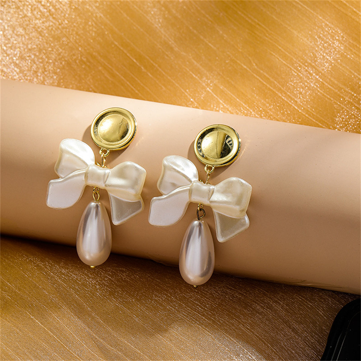 Pearl and 18K Gold-Plated Bow Drop Earrings, gold drop earrings for women, vintage-inspired design, side view