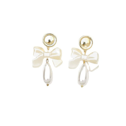 Pearl and 18K Gold-Plated Bow Drop Earrings, gold drop earrings for women, vintage-inspired design, front view