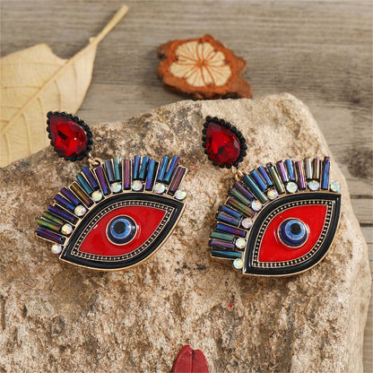Red Crystal and Cubic Zirconia Eye Drop Earrings, drop earrings for women, everyday style, detail close-up