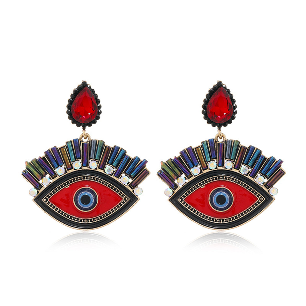 Red Crystal and Cubic Zirconia Eye Drop Earrings, drop earrings for women, everyday style, front view
