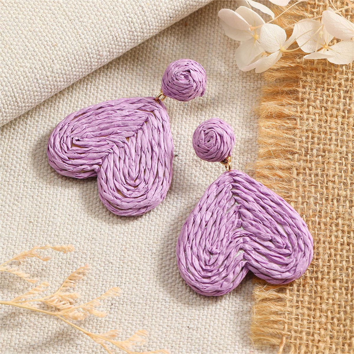 Purple Raffia & 18K Gold-Plated Heart Drop Earrings