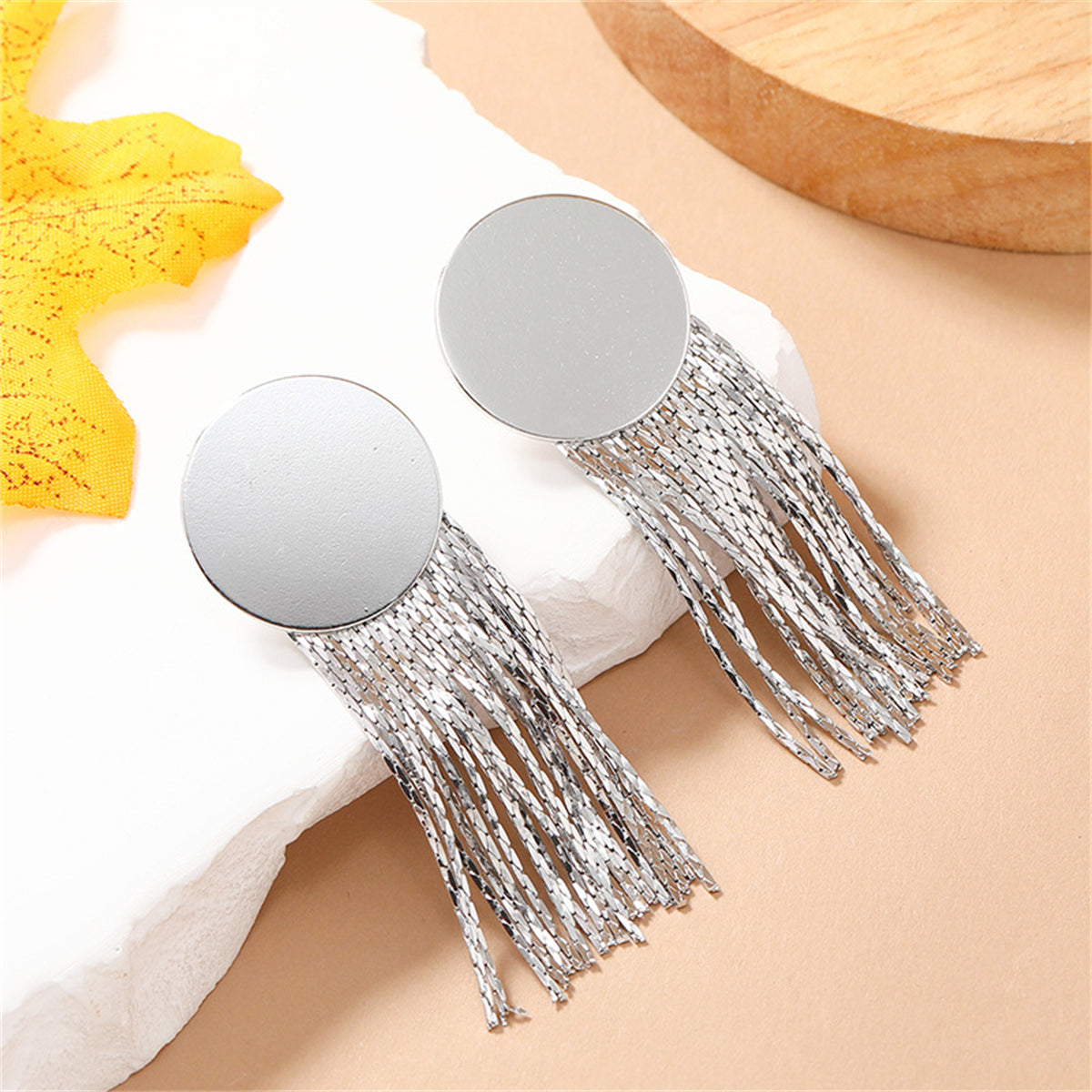 Silver-Plated Round Tassel Drop Earrings