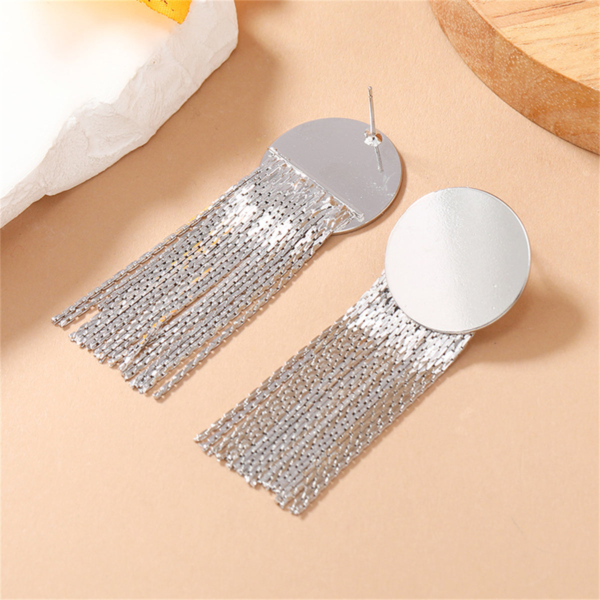 Silver-Plated Round Tassel Drop Earrings