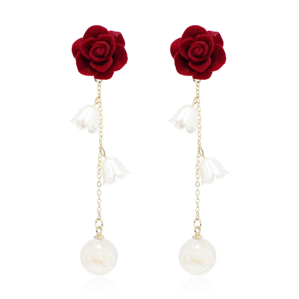 Pearl & Wine Red Nylon 18K Gold-Plated Rose Drop Earrings