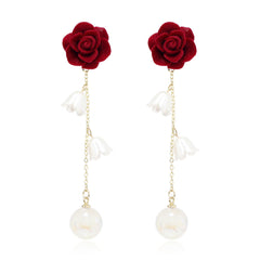 Pearl & Wine Red Nylon 18K Gold-Plated Rose Drop Earrings