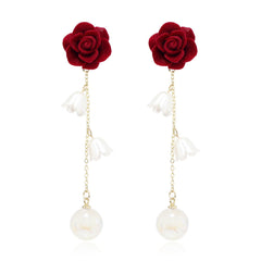 Pearl & Wine Red Nylon 18K Gold-Plated Rose Drop Earrings