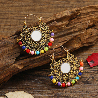 Red Resin and 18K Gold-Plated Beaded Floral Leverback Earrings, gold drop earrings for women, botanical inspired, front view