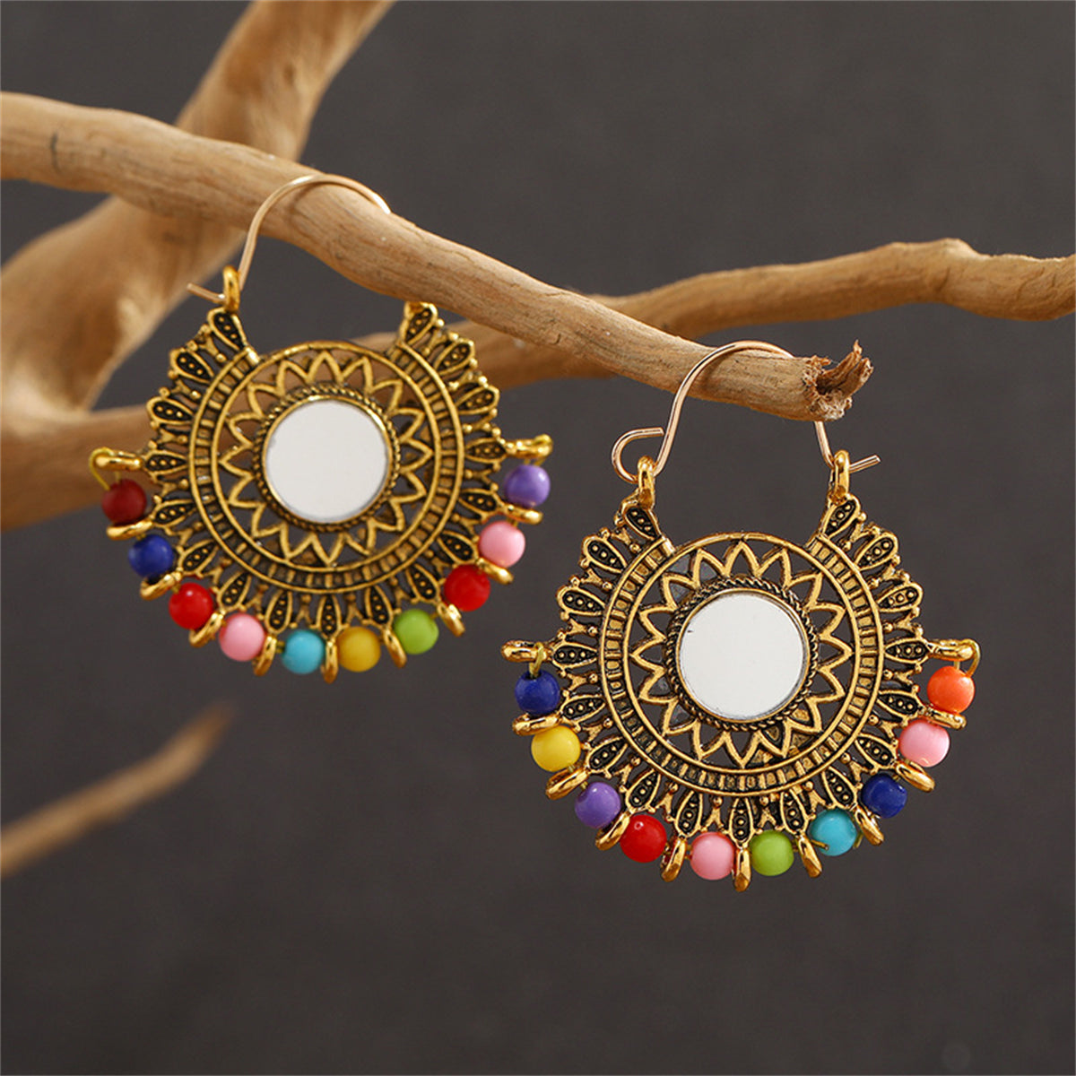 Red Resin and 18K Gold-Plated Beaded Floral Leverback Earrings, gold drop earrings for women, detail close-up