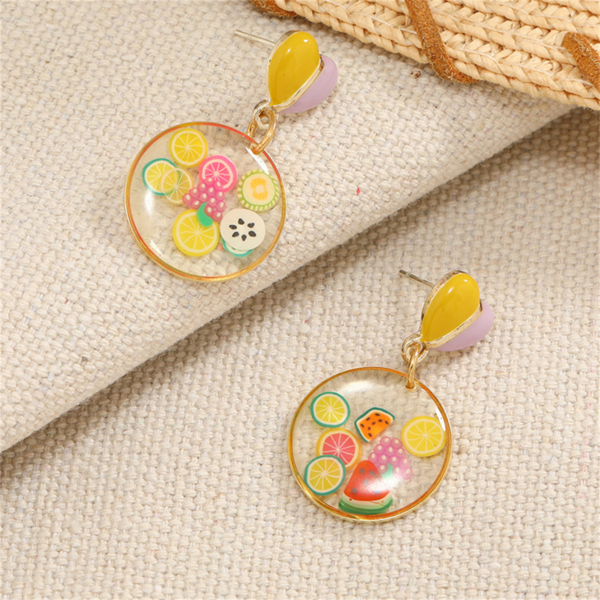 Yellow Enamel & Resin Heart Fruit Drop Earrings