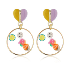 Yellow Enamel & Resin Heart Fruit Drop Earrings