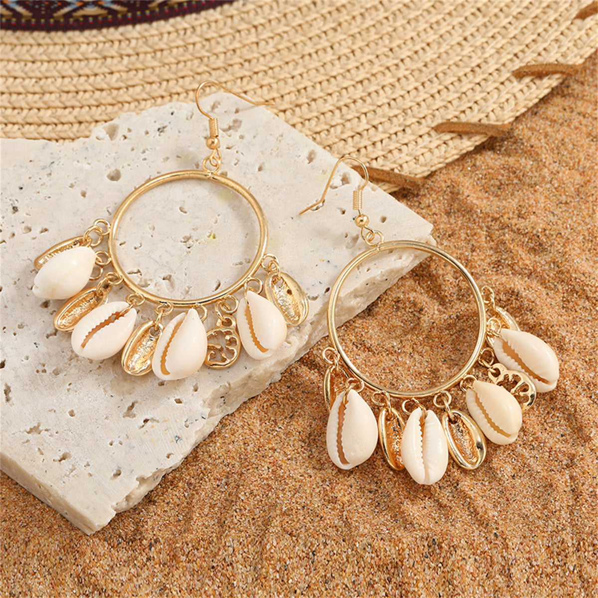 Shell and 18K Gold-Plated Circle Tassel Drop Earrings, gold drop earrings for women, botanical inspired, front view