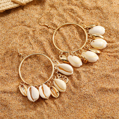 Shell and 18K Gold-Plated Circle Tassel Drop Earrings, gold drop earrings for women, botanical inspired, detail close-up