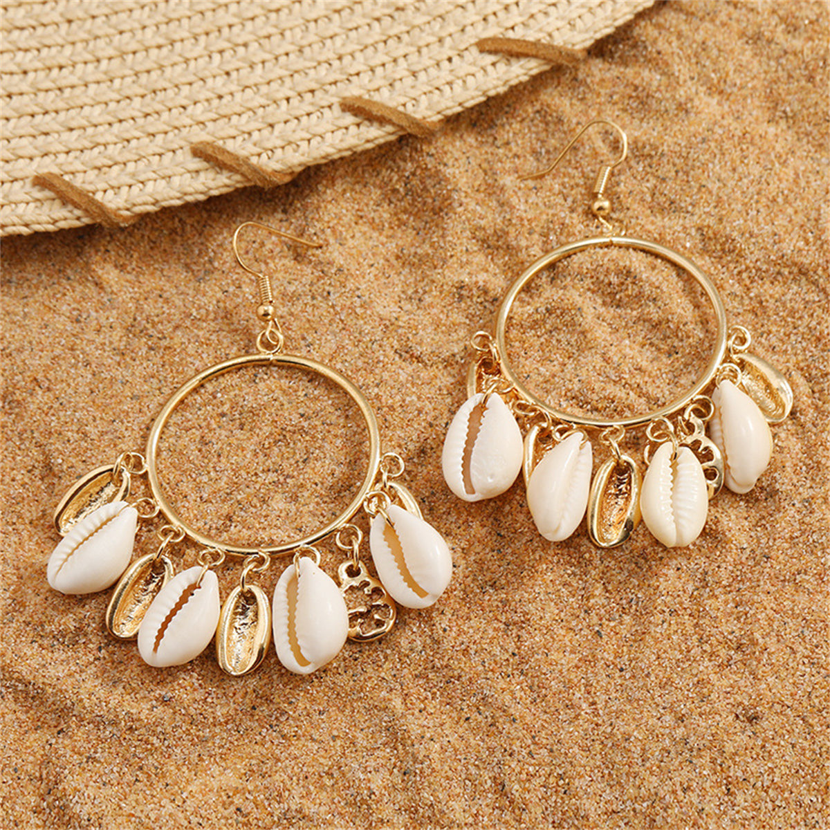 Shell and 18K Gold-Plated Circle Tassel Drop Earrings, gold drop earrings for women, botanical inspired, side view