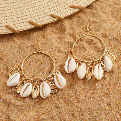 Shell and 18K Gold-Plated Circle Tassel Drop Earrings, gold drop earrings for women, botanical inspired, side view