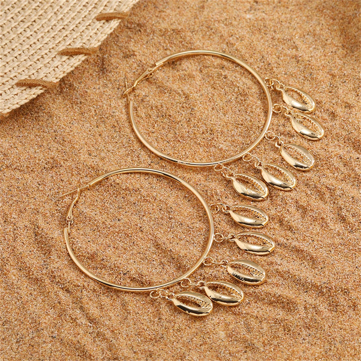 18K Gold-Plated Shell Tassel Hoop Earrings, gold drop earrings for women, elegant gift for her, front view