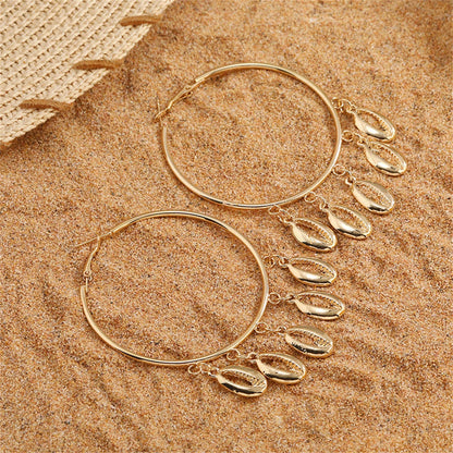 18K Gold-Plated Shell Tassel Hoop Earrings, gold drop earrings for women, elegant gift for her, front view