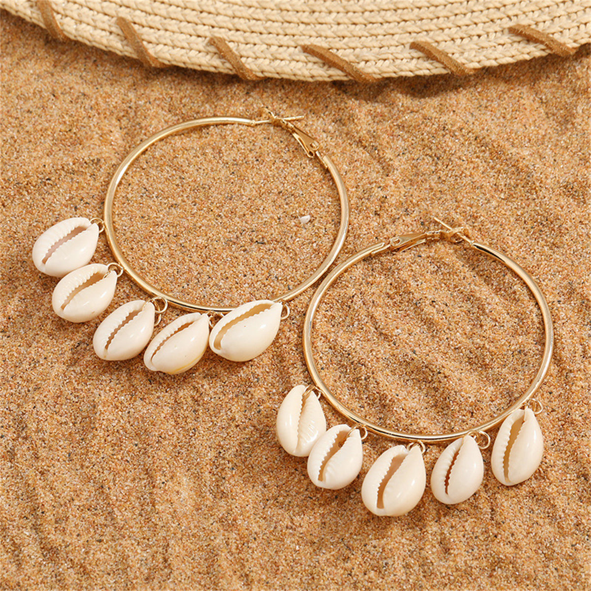 Shell and 18K Gold-Plated Tassel Hoop Earrings, gold drop earrings for women, vintage-inspired design, front view