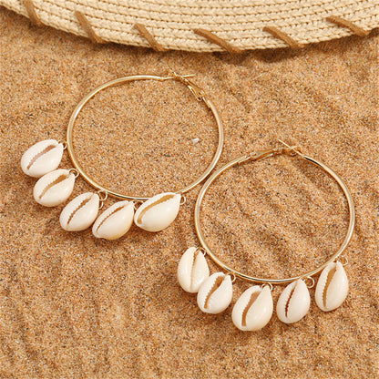 Shell and 18K Gold-Plated Tassel Hoop Earrings, gold drop earrings for women, vintage-inspired design, front view