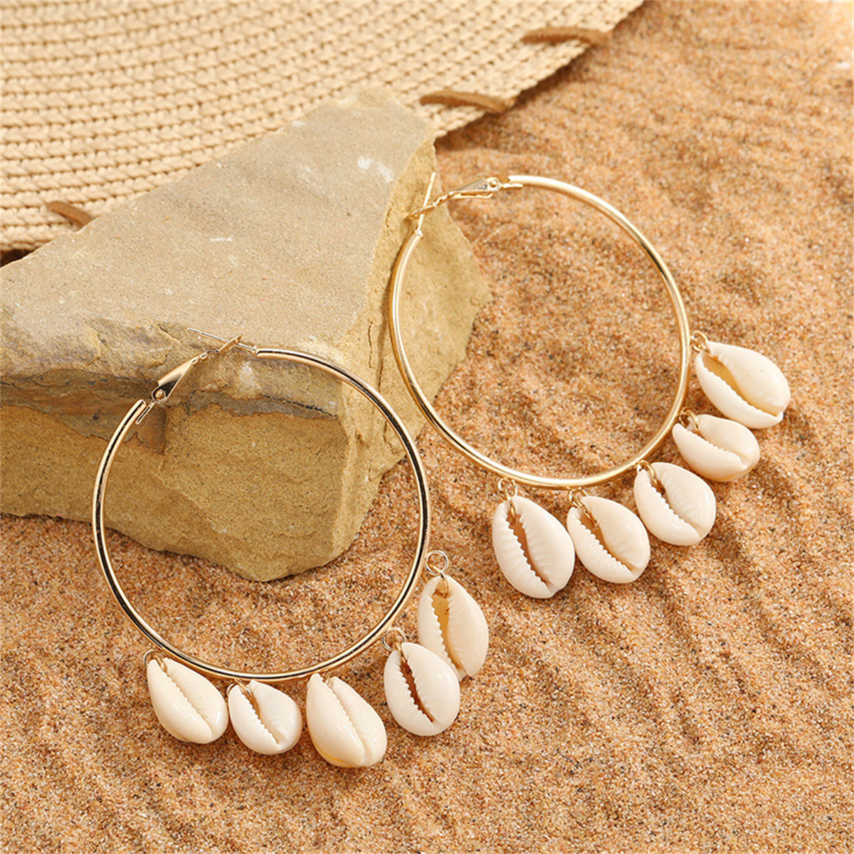 Shell and 18K Gold-Plated Tassel Hoop Earrings, gold drop earrings for women, vintage-inspired design, detail close-up