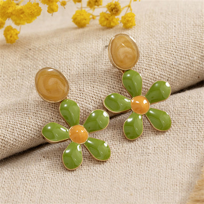 Green Enamel and 18K Gold-Plated Flower Drop Earrings, gold drop earrings for women, vintage-inspired design, side view
