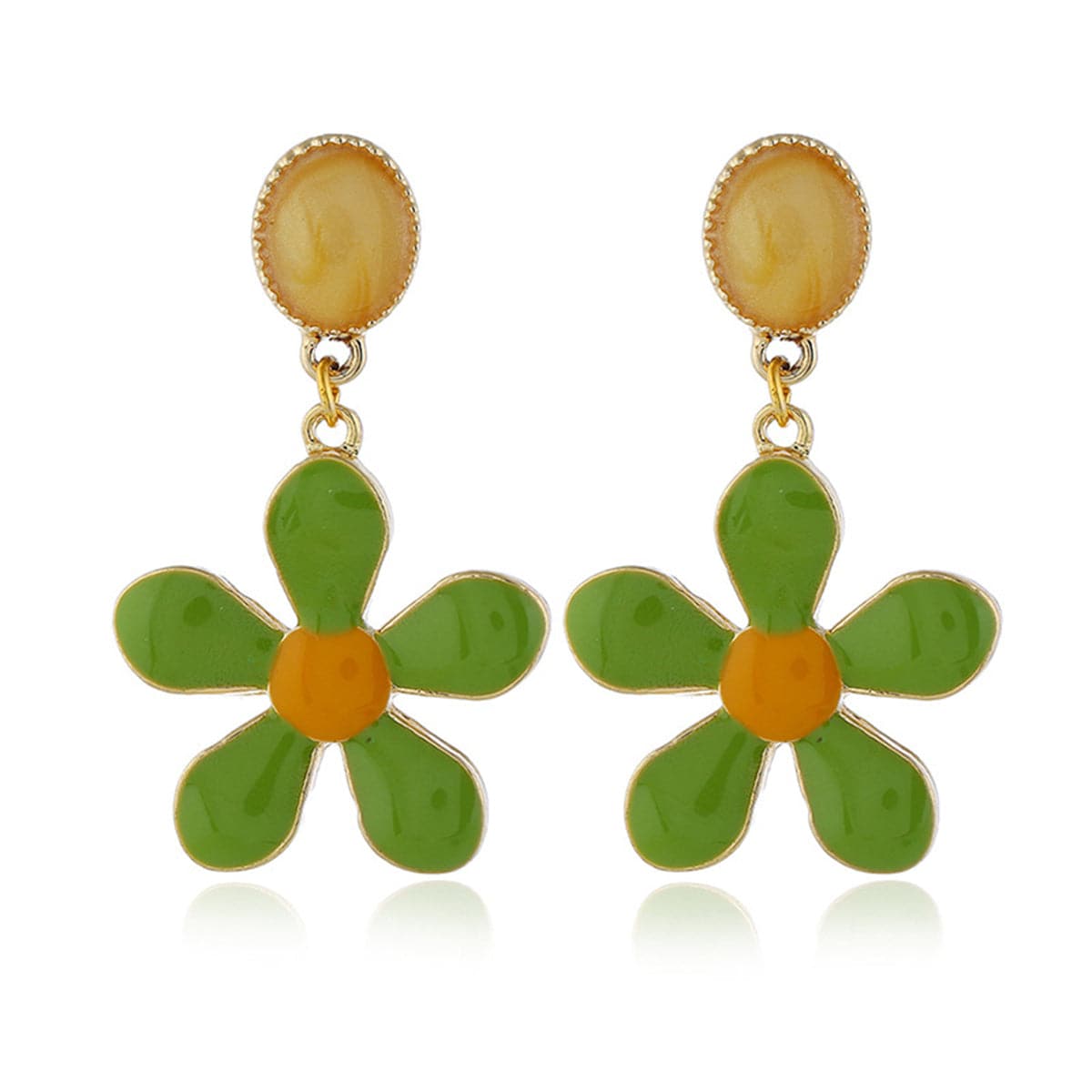 Green Enamel and 18K Gold-Plated Flower Drop Earrings, gold drop earrings for women, vintage-inspired design, front view