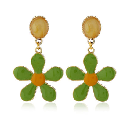 Green Enamel and 18K Gold-Plated Flower Drop Earrings, gold drop earrings for women, vintage-inspired design, front view