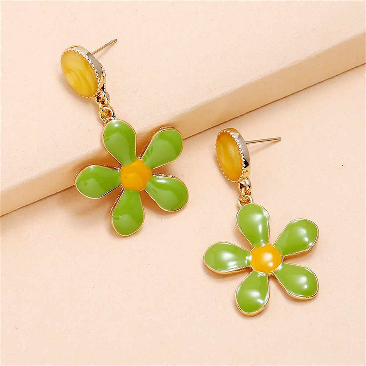 Green Enamel and 18K Gold-Plated Flower Drop Earrings, gold drop earrings for women, vintage-inspired design, styled look