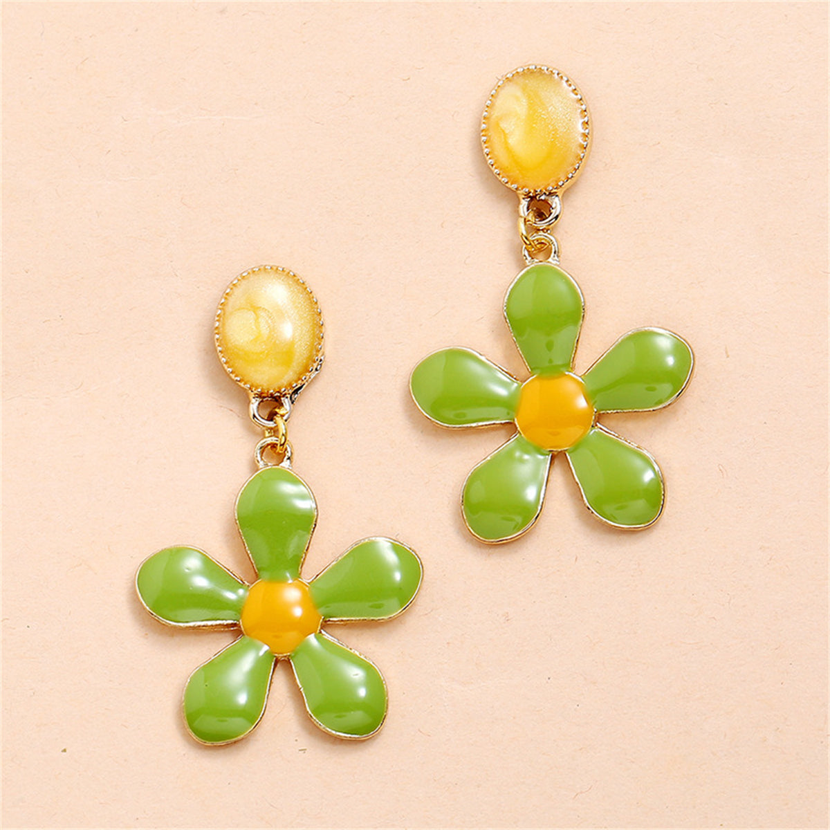 Green Enamel and 18K Gold-Plated Flower Drop Earrings, gold drop earrings for women, vintage-inspired design, lifestyle look