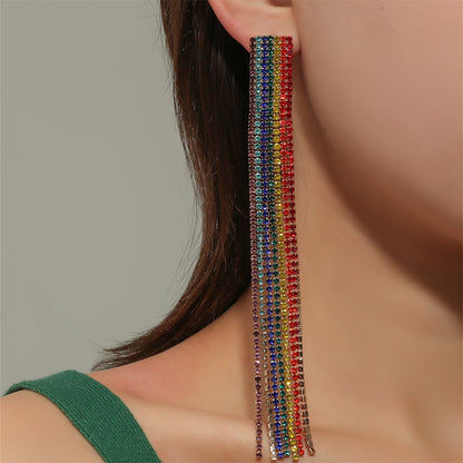Cubic Zirconia and 18K Gold-Plated Rainbow Stripe Drop Earrings, gold drop earrings for women, lifestyle look